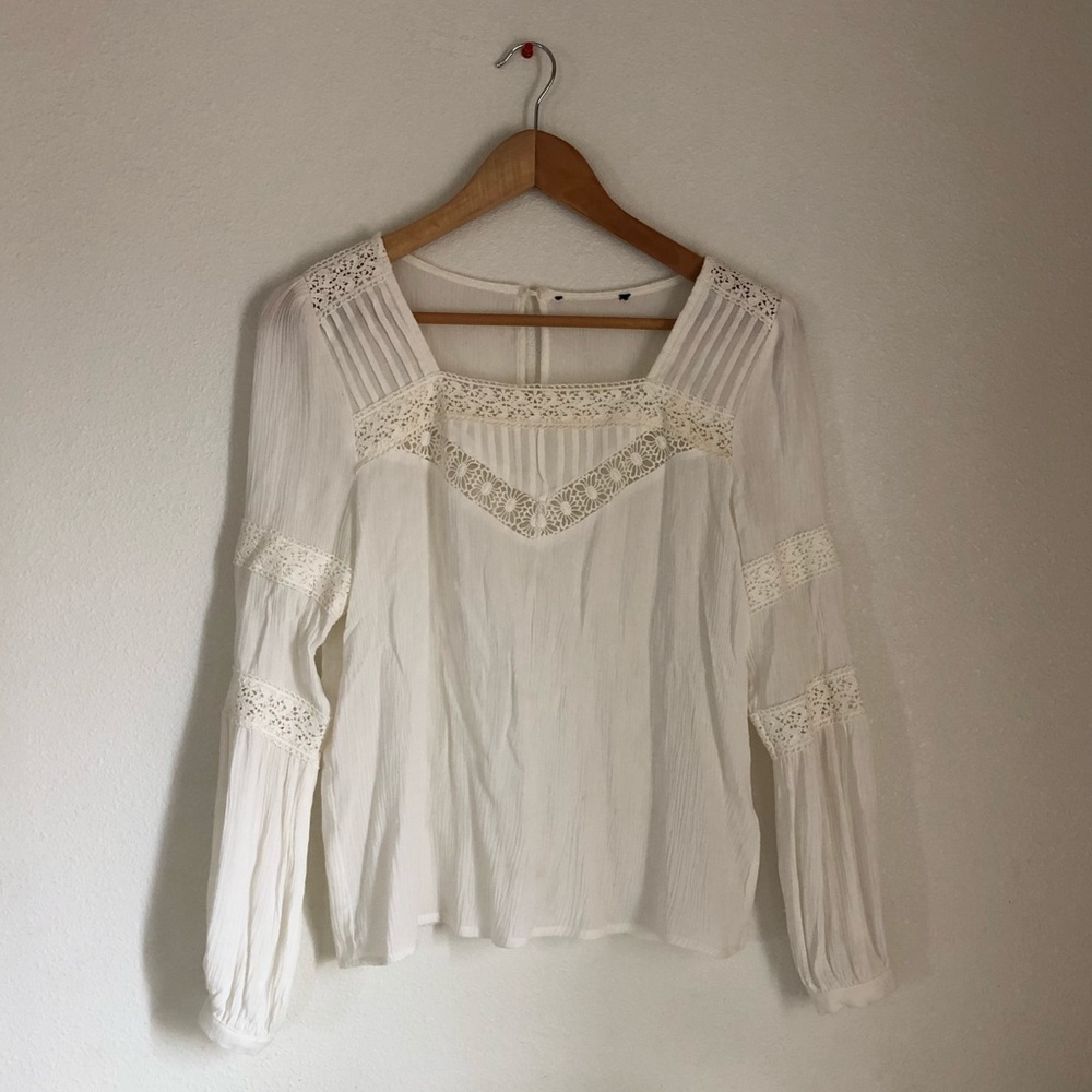 Eggshell White Long-sleeve Blouse with Lace Detail